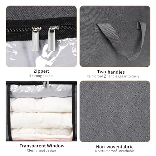 3 Pack Storage Bags, 45L Foldable Clothes Storage Bins with Lids, Closet Organizers Blanket Storage Bags with Zippers Clear Window Sturdy Handles for Clothing Bedding Comforter Sweater Pillows (Gray)