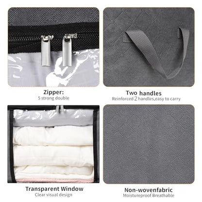 3 Pack Storage Bags, 45L Foldable Clothes Storage Bins with Lids, Closet Organizers Blanket Storage Bags with Zippers Clear Window Sturdy Handles for Clothing Bedding Comforter Sweater Pillows (Gray)