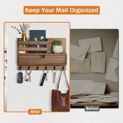 Key and Mail Holder for Wall, Mail Organizer Wall Mount with 6 Hooks and Storage Drawer, Wooden Key Rack Hanger with Shelf for Entryway and Home Decor