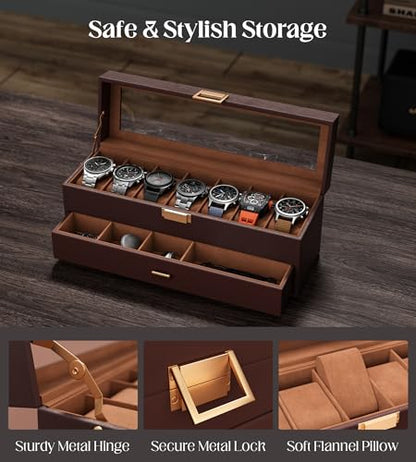 Watch Cases Box for Men 7 Slots Display Case with Jewelry Bottom | Watches Storage Organizer 2 Layer Pu Leather Collection Holder Gift for Dad Husband with Real Glass Lid Brown