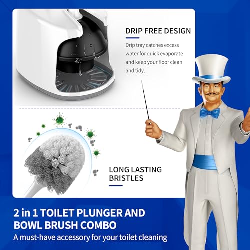 MR.SIGA Toilet Plunger and Brush with Holder for Toilet Cleaning, White | Heavy duty toilet brush and plunger set, plunger toilet brush combo