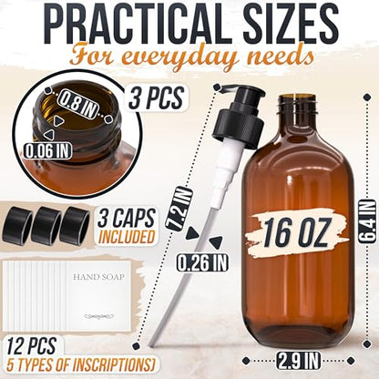 Plastic Amber Soap Dispenser with Pump Set of 3 – 16 oz Refillable Shampoo and Face Wash Bottles – Durable & Reusable for Hand Soap, Dish Soap, Lotion, Gel, Body Wash in Kitchen, Bathroom, Shower