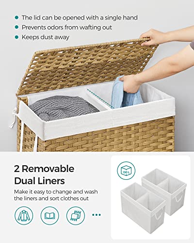 SONGMICS Laundry Hamper with Lid, 130L Wicker Laundry Basket | 6 Mesh Bags, 2 Removable Liner Bags, 13 x 26 x 23.6 Inches, Natural, ULCB253N01