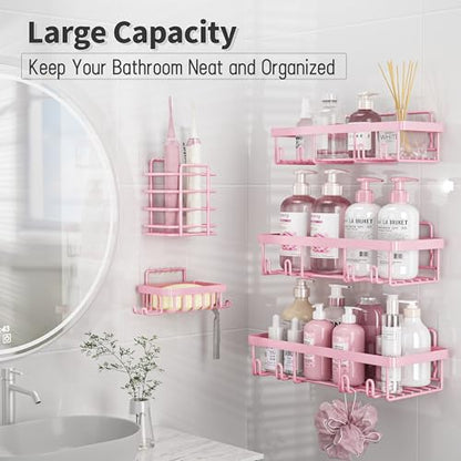 5 Pack Shower Caddy for Inside Shower, Pink Bathroom Decor Set | Large Rustproof Stainless Steel Organizer with Strong Adhesive, No Drilling Wall Shelves, Cute Girly Bathroom Accessories