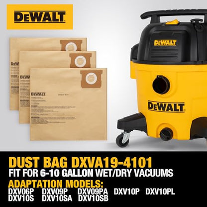3 Pack DEWALT Dust Bag DXVA19-4101, for 6-10 Gallon Wet/Dry Vacuum, DEWALT Vacuum Bags, Compatible with DXV06P DXV09P DXV09PA DXV10P DXV10PL DXV10S DXV10SA DXV10SB