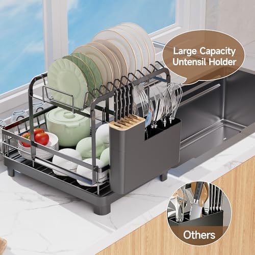 2-Tier Dish Drying Rack, Large Dish Drainers for Kitchen Counter | Anti-Rust Dish Rack with Drainboard, Utensil Holder, Extra Cup Holder, Black