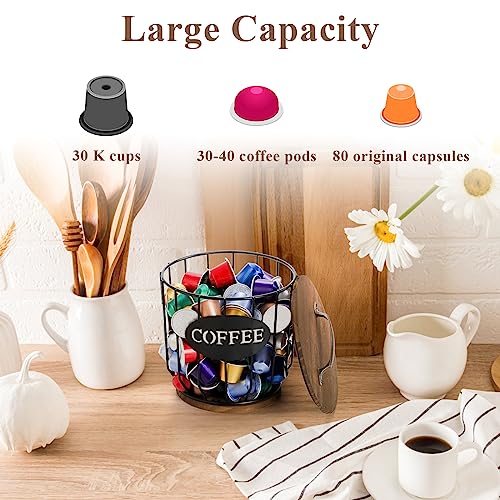 Coffee Pod Holder with Lid, Large Capacity K Cup Holder with Rustic Wooden Base, Black Wire Coffee Storage Basket for Kitchen Countertop, Cafe Bar Organizer