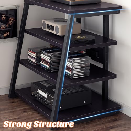 Besiost AV Media Stand with Outlets, Media Console with LED Lights, Stereo Racks and Stands with Storage Shelves, Media Audio Tower Cabinet, Black Enoby
