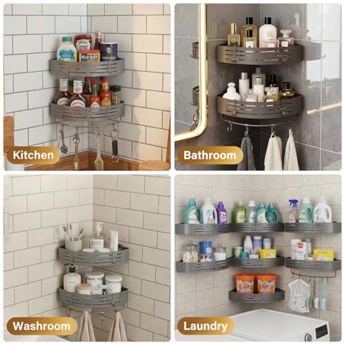 3-Tier No-Drill Storage Caddy with Hooks&Towel Bar,Organizing Solution for Bathroom,Shower&Kitchen,Holds Shampoos,Soaps,Sponges&Cleaners,Triangle
