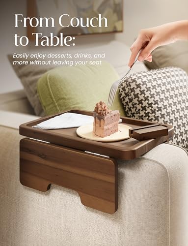 15.75" Acacia Couch Armrest Table with Phone Holder, Walnut Color | Acacia Wood, 360° Rotating Phone Holder, Spacious, Clips Securely with Double-hinge Grip, Foldable, Portable, Easy Assembly