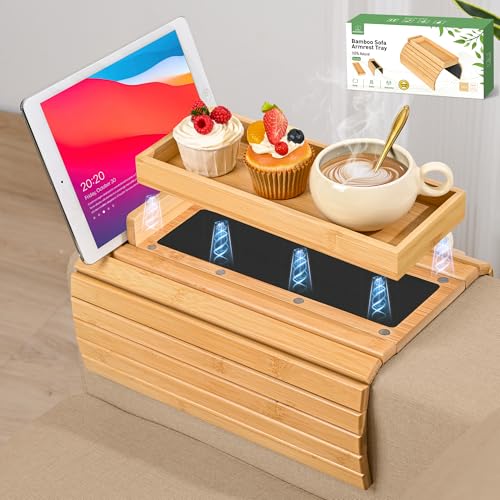 Joy&Grace Couch Arm Tray, 3-in-1 Magnetic Detachable Sofa Arm Table with Phone and Tablet Holder Bamboo Couch Cup Holder, Foldable Sofa Armrest Tray for Eating, Drinks, Phones (Natural)