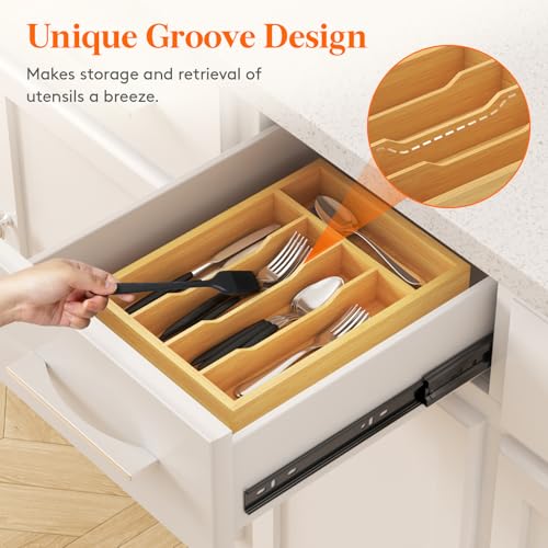 Lifewit Silverware Drawer Organizer, Utensil Tray for Kitchen, Flatware and Cutlery Holder, Storage for Spoons Forks Knives, 8.6 x 12.5", Natural