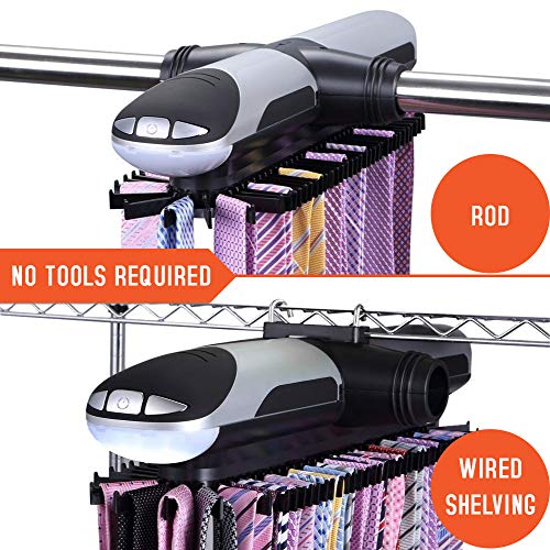 Motorized Tie Rack Closet Organizer with LED Lights Includes J Hooks for Wired Shelving Stores Up to 72 Ties & 8 Belts Operates with Batteries