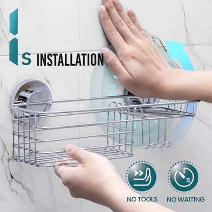 TAILI Shower Caddy Suction Cup with Hooks & Soap Holder, Silver | Heavy Duty Shower Organizers, Removable Bathroom Shelves for Inside,Stainless Steel Bathroom Holder