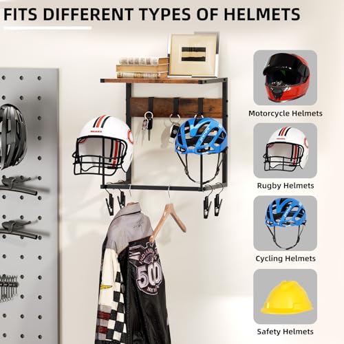 Urban Deco Motorcycle Helmet Holder Wall Mount, Helmet Rack with 2 Hat Stands, Helmet Stand for Display Wall Mount, Motorcycle Accessories Gear Storage for Men, Small