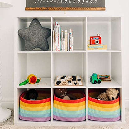 OrganiHaus Rainbow Baskets for Shelves, Set of 3, 15x9x10 | Colorful, handwoven cotton rope; a toy bin for playroom, classroom, or girls' room decor; great for nursery too