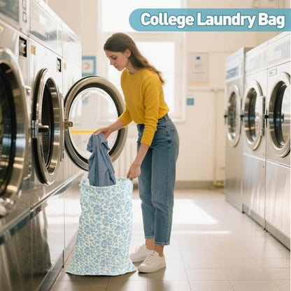 Laundry Bag Backpack for Dorm & Travel, 29 x 18" Large Dirty Bag | Cute Blue Floral College Clothes Pouch with Straps and Handles. Ideal for Apartment, Camp and Portable Bag for Laundromat