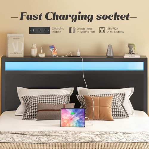 Queen Bed Frame with Headboard & Footboard, Bed Frame with Built-in Charging Station & LED Light, Storage Shelf, Noise-Free, No Box Spring Needed, Easy Assembly, Classic Black