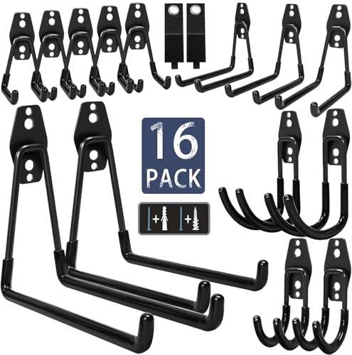 KOFANI Steel Garage Storage Hooks - 16 Pack Anti-Slip Coating, Heavy Duty Wall Mount Hooks for Hanging Bike, Ladder, Garden Tools | Wall Hooks Geavy Duty for Hanging Bike, Ladder, Garden Tools,Broom,Hose，Anti-Slip Coating Garage Wall Organization