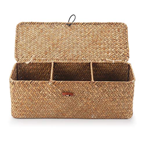 Seagrass Storage Basket with Lid Rectangular Small Woven Shelf Baskets with Sections for Organize Snack Toys Tampon