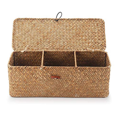 Seagrass Storage Basket with Lid Rectangular Small Woven Shelf Baskets with Sections for Organize Snack Toys Tampon