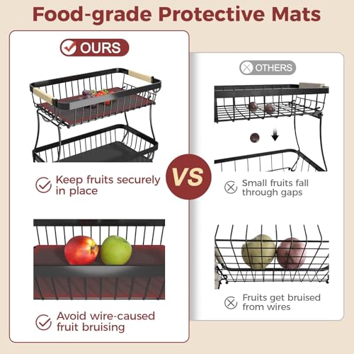 2-Tier Fruit Basket with Banana Hangers, Detachable Metal Bowl | Wooden handle, protective mats included. Versatile holder for bread, snacks, and veggies. Large 2 tier metal design.