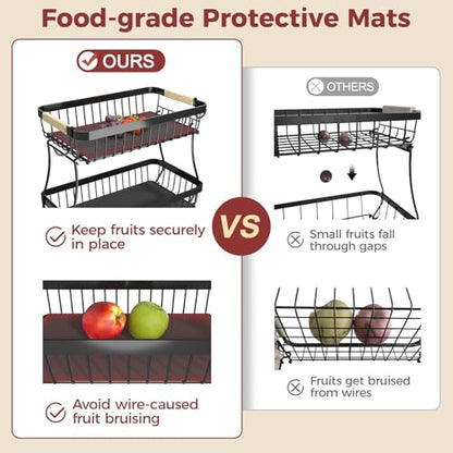 2-Tier Fruit Basket with Banana Hangers, Detachable Metal Bowl | Wooden handle, protective mats included. Versatile holder for bread, snacks, and veggies. Large 2 tier metal design.