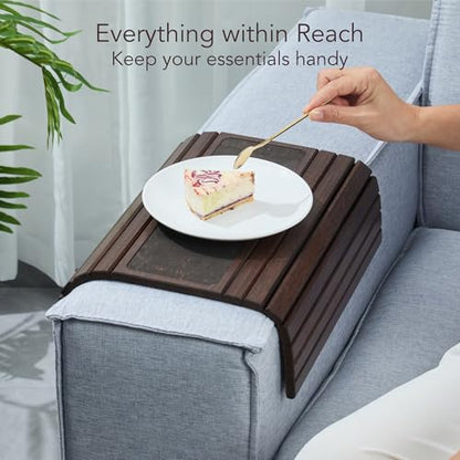 DETOR Couch Arm Tray with Retro Cork Pad, Brown-Stained Bamboo Finish | Enhanced Non-Slip Bottom, Sturdy Bamboo Slats, Fits Armrests 4.6" and Wider