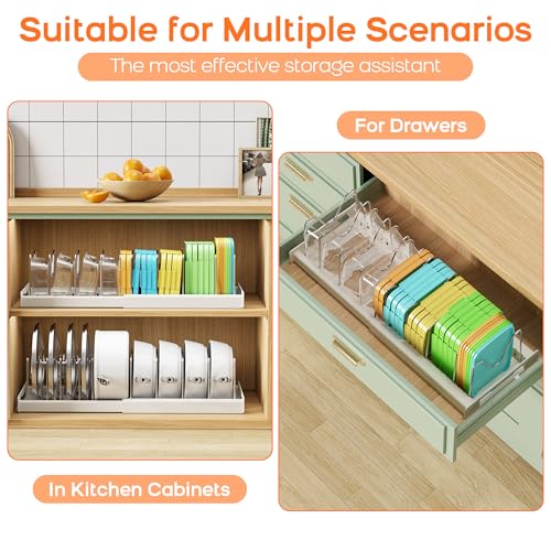 Nigelia 2 Pack Pots and Pans Organizer for Under Cabinet, 22" Expandable Food Storage Container Lid Organizers with 10 Adjustable Dividers Pot Lid Holders Rack Inside Cabinet&Kitchen Countertop(White)
