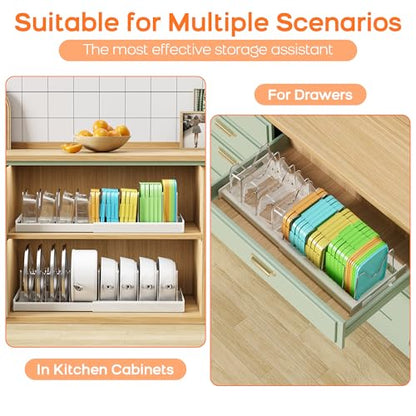 Nigelia 2 Pack Pots and Pans Organizer for Under Cabinet, 22" Expandable Food Storage Container Lid Organizers with 10 Adjustable Dividers Pot Lid Holders Rack Inside Cabinet&Kitchen Countertop(White)