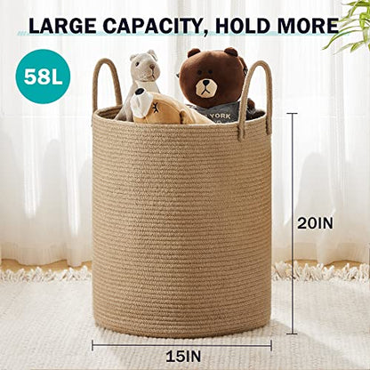 YOUDENOVA Jute Rope Laundry Hamper Basket, 58L Blanket Basket for Nursery | Large Woven Laundry Hamper with Sturdy Handles, Collapsible Home Decor Laundry Basket for Laundry, Clothes, Toys in Bedroom