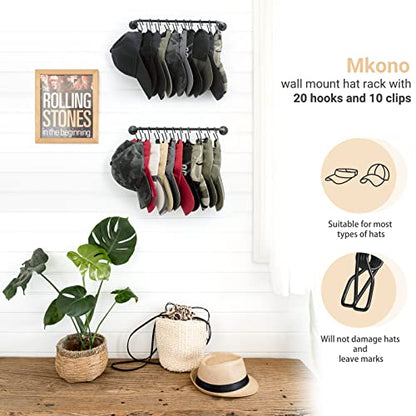 Mkono Hat Organizer Hat Rack for Wall Storage Holder with 20 Hooks Set of 2 | Hanging for 20 Caps, Adjustable Hooks, Space-Saving, Holds Baseball Scarves Belts Bags, Closet Door Bedroom Entryroom Laundry