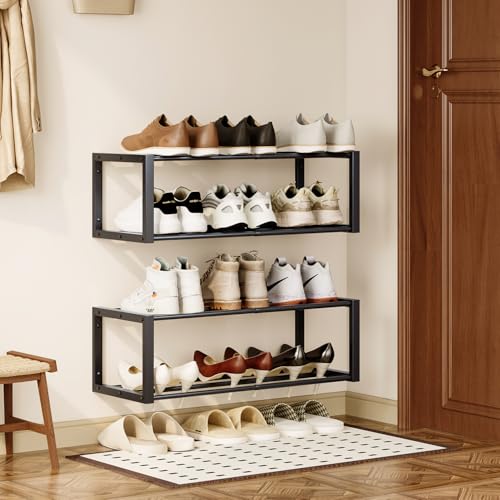 Homeiju Hanging Shoe Organizer,2 Pack Wall Mounted Shoe Rack Holds 12 Pairs,Space Saving Metal Wall Shoe Rack,Hanging Shoe Rack Shoe Holder for Small Space,Entryway,Closet,RV,Camper（Black