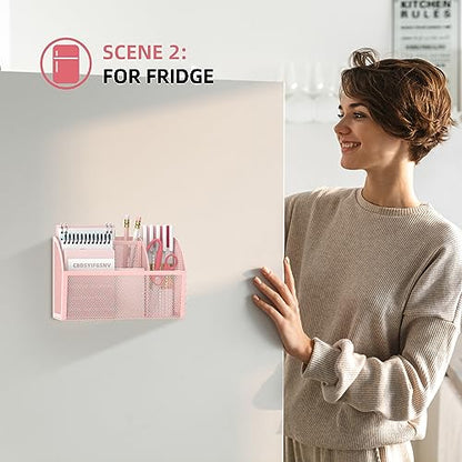 DALTACK 3-Grid Magnetic Pencil Holder, Strong Magnet Locker Organizer, Pink | Mesh Magnetic Shelf, Marker Holder Perfect for Whiteboard, Refrigerator and Locker Accessories