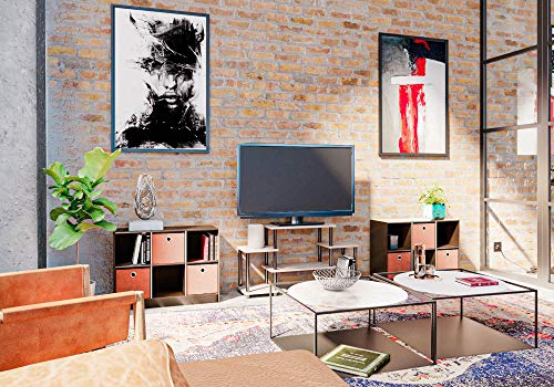 Furinno Turn-N-Tube No Tools Entertainment Center, Round Square Corner, French Oak Grey/Black | Raised Top, Open Shelves TV Console with for TV up to 32 Inch, for Living Room, Bedroom