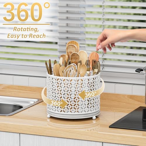 360° Rotating Kitchen Utensil Holder - Fast-Drying... (White | Carbon Steel)