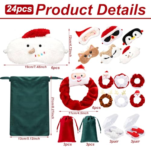 Chicingyou 6 Set Christmas Sleep Mask with Satin Travel Bag Eye Mask Gift for Christmas Elastic Scrunchie Ear Plugs Plush Eye Cover Cartoon Animal Blindfold for Xmas Party Favor Home Bed Traveling