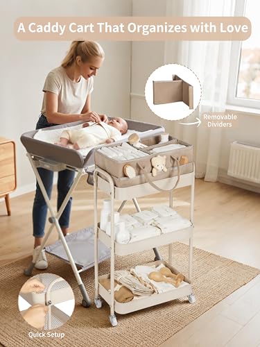 Baby Diaper Caddy, 3 Tier Rolling Storage Cart for Baby Essentials, Diaper Cart with Detachable Dividers, Storage & Baby Bottle Organizer, Nursery Dresser for Bedroom, Living Room (Taupe)