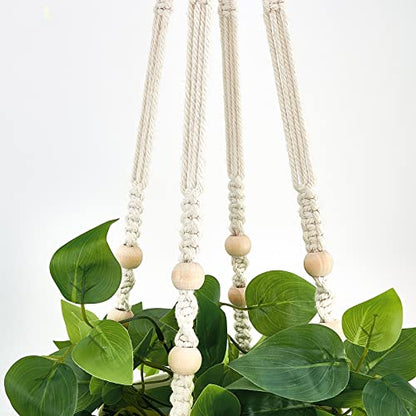 Mkono Fake Hanging Plant, Macrame Hanger with Pothos Vines & Pot, Ivory | Artificial Hanging Plants for Home Decor Indoor, Realistic Look, Perfect for Bedroom Bathroom Kitchen Office Boho Display