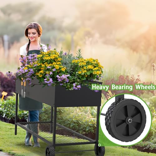 JWPEHOE 51＂Raised Garden Bed with Leg,Mobile Planter Box with Storage Shelf | Elevated Garden Box for Backyard, Balcony, Black, for Outdoor Plants
