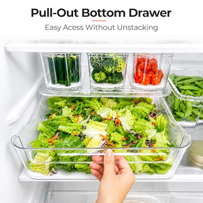 Clear Fridge Bins with Drain Trays - BPA-Free PET, Stackable(6 Pack)