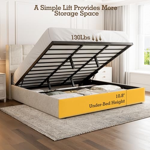 King Bed Frame with Hydraulic Gas Lift Up Storage, Linen Upholstered