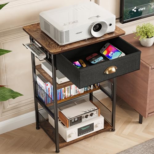 4-Tier AV Media Stand with Drawer, Gaming Console Shelf | Audio Rack Tower with 2 Hooks for PS5, Xbox, Switch, DVD Player, Record Player, Projector and TV Accessories Storage
