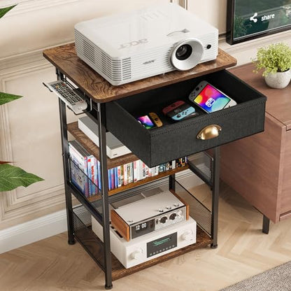 4-Tier AV Media Stand with Drawer, Gaming Console Shelf | Audio Rack Tower with 2 Hooks for PS5, Xbox, Switch, DVD Player, Record Player, Projector and TV Accessories Storage