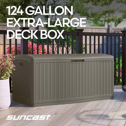 Suncast XL Deck Box, 124 Gal, Resin Wicker, Pad-Lockable Lid, Stoney Gray