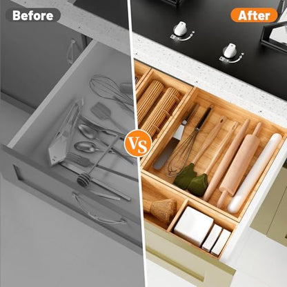 Bamboo Drawer Organizer, 5-Piece Stackable Trays with Removable Dividers | Junk drawer organizer, assorted tray sizes, 5-11 customizable compartments, nestable, kitchen utensils, bathroom, office