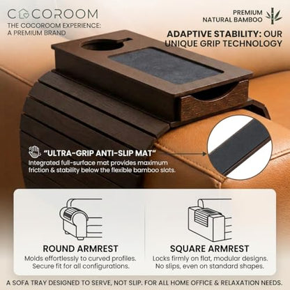 Sofa Armrest Tray with Drawer & Cup Holder — Wooden Couch Arm Tray with Anti-Slip Surface | Fits Most Sofa & Couch Arms (Dark Brown)
