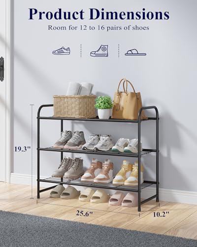 Kitsure Stainless Steel Shoe Rack Organizer, 25.6" Wide - 3 Tier, Black | Sturdy Shoe Rack for Closet and Entryway, Free Standing Shoe Shelf, Closet Organizers and Storage