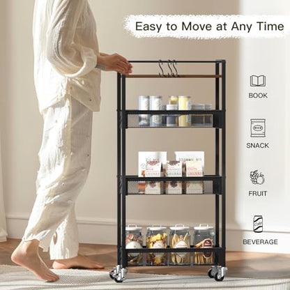 DGSNADGO Slim Rolling Storage Cart, 4-Tier Kitchen... (Metal, Wood)