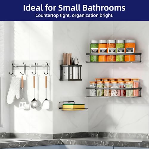 Epicano Adhesive Shower Caddy, 5 Pack Rustproof Stainless Steel Bathroom Shelves, No Drilling Wall Mount Clear Shower Organizer, Large Capacity Storage for Bathroom,Kitchen,Dorm and RV, Black